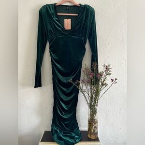 SHEIN Deep Green Velvet Long-Sleeve Draped Midi Dress